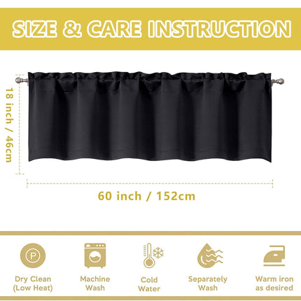 Black Valances for Windows, Small Blackout Curtains Kitchen Bedroom Living Room, Rod Pocket Privacy Modern Solid Short Window Treatment Valance Bathroom Panels, 60" Wx18 L,1 Piece 60"W x 18"L (Pack of