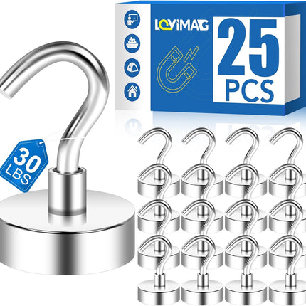 Strong Magnetic Hooks, 30lbs Hooks for Cruise Cabins, Magnet Ship Essentials, Rare Earth Magnets with Refrigerator,Hanging,Classroom,Kitchen,Ceiling-25 Pack Silver 0.63in x 1.38in