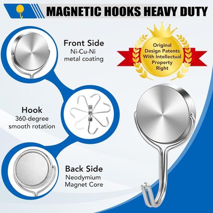 Magnetic Hooks for Cruise Cabins, 60Lbs Swivel Heavy Duty, Ship Essentials, Locker Accessories, Magnet Hook Classroom, Refrigerator, Hanging, Grill -6 Pack Silver 1x2inch