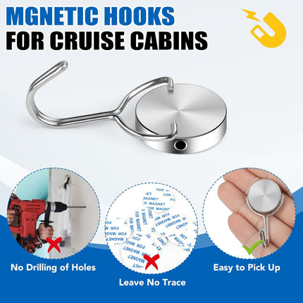 Magnetic Hooks for Cruise Cabins, 60Lbs Swivel Heavy Duty, Ship Essentials, Locker Accessories, Magnet Hook Classroom, Refrigerator, Hanging, Grill -6 Pack Silver 1x2inch