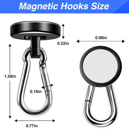 Strong Magnetic Hooks, 70LBS Hooks Heavy Duty Neodymium Magnets with Carabiner Hook, Magnet Swivel for Kitchen, Hanging, Cruise, Grill, Refrigerator - 12 Pack Black 2in x 0.98in