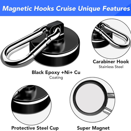 Strong Magnetic Hooks, 70LBS Hooks Heavy Duty Neodymium Magnets with Carabiner Hook, Magnet Swivel for Kitchen, Hanging, Cruise, Grill, Refrigerator - 12 Pack Black 2in x 0.98in