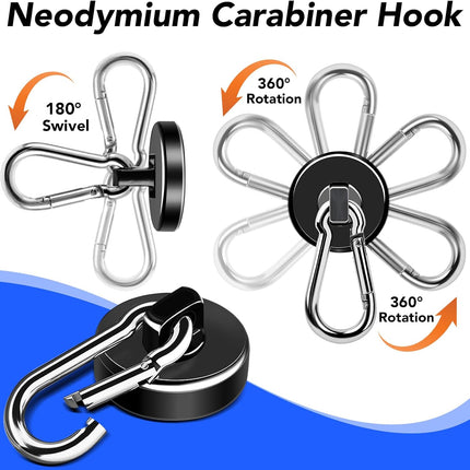 Strong Magnetic Hooks, 70LBS Hooks Heavy Duty Neodymium Magnets with Carabiner Hook, Magnet Swivel for Kitchen, Hanging, Cruise, Grill, Refrigerator - 12 Pack Black 2in x 0.98in