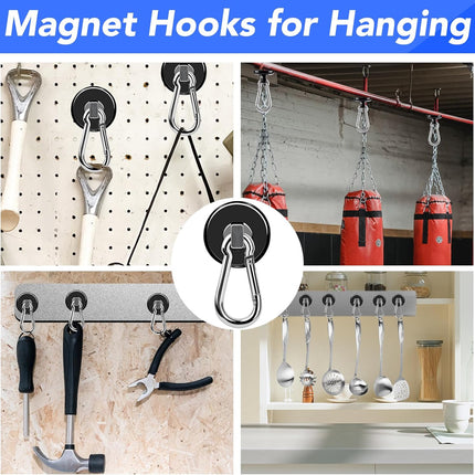 Strong Magnetic Hooks, 70LBS Hooks Heavy Duty Neodymium Magnets with Carabiner Hook, Magnet Swivel for Kitchen, Hanging, Cruise, Grill, Refrigerator - 12 Pack Black 2in x 0.98in