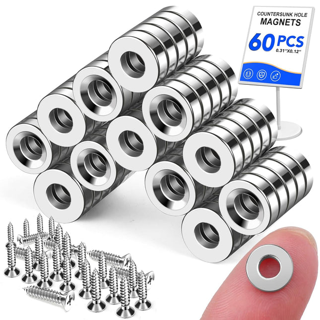 Small Round Magnets with Holes 60 Pack Cabinet for Doors Drawers Rare Earth Refrigerator Magnet Fridge