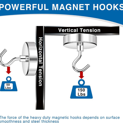 150LBS Magnetic Hooks, Strong Magnet Hooks for Hanging Heavy Duty, Neodymium Magnets with Refrigerator, Cruise Cabins, Hanging, Grill, Kitchen, Locker - 2 Pack, 150lbs-2p