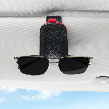 Sunglasses Holder for Car, Leather Magnetic Buckle Sun Visor Sunglass Clip, Ticket Card Storage Glasses Car Interior Accessories Men and Women（Black-red） Black-Red 1PCS