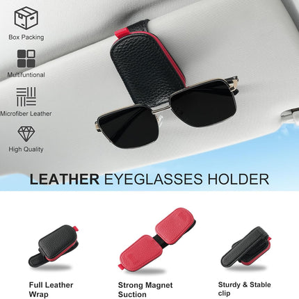 Sunglasses Holder for Car, Leather Magnetic Buckle Sun Visor Sunglass Clip, Ticket Card Storage Glasses Car Interior Accessories Men and Women（Black-red） Black-Red 1PCS