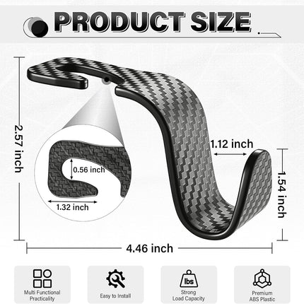 Universal 2 Pack Car Seat Headrest Purse Hook, Carbon Fiber Back Hook Storage Organizer Hanger for Handbag Coat, Interior Accessories(Black) Black 2PC