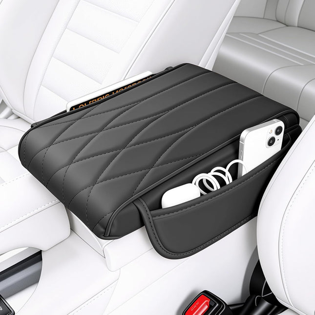Car Center Console Cover Pad Universal Leather Waterproof Arm Rest for with 2 Storage Bags in Black