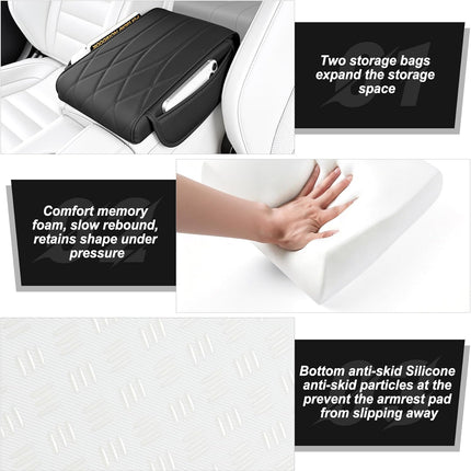 Car Center Console Cover Pad, Universal Leather Waterproof Arm Rest for with 2 Storage Bags, Interior Accessories Most Vehicles, Cars, SUVs, Trucks (Black) black -
