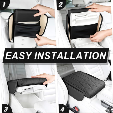 Car Center Console Cover Pad, Universal Leather Waterproof Arm Rest for with 2 Storage Bags, Interior Accessories Most Vehicles, Cars, SUVs, Trucks (Black) black -