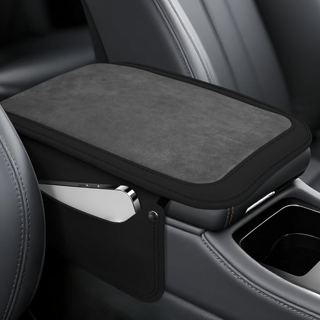 Car Leather Furry Center Console Cover with 2 Storage Bags Universal Fluffy Armrest Seat Box in Black