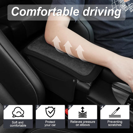 Car Leather Furry Center Console Cover with 2 Storage Bags, Universal Fluffy Armrest Seat Box Pad, Comfortable Interior Accessories, Fits for Most Vehicles (Black) Black -