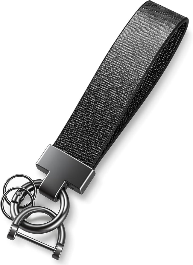 Leather Car Keychain Universal Heavy Duty Metal Key Chain Holder with 2 Ring and Anti-Lost D-Ring