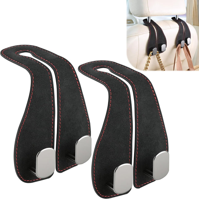 2PCS Car Purse Holder Hook Seat Back Storage Leather-Wrapped Alloy Double Headrest Hook for Purses in Black
