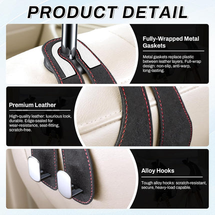 2PCS Car Purse Holder Hook, Seat Back Storage Leather-Wrapped Alloy Double Headrest Hook for Purses & Bags, Cute Interior Accessories Women and Men, Black -