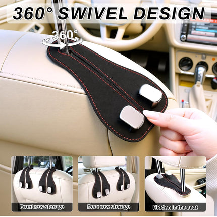 2PCS Car Purse Holder Hook, Seat Back Storage Leather-Wrapped Alloy Double Headrest Hook for Purses & Bags, Cute Interior Accessories Women and Men, Black -