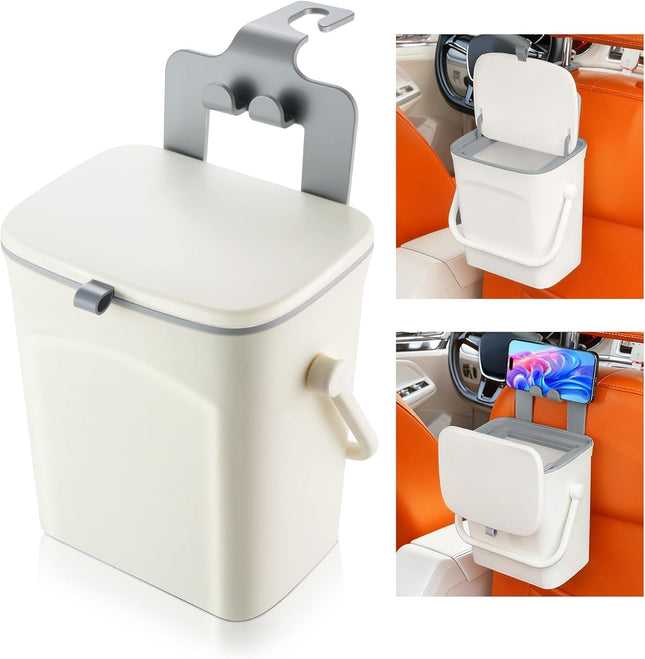 Car Trash Can with Lid and Phone Holder Universal Bin Waterproof Hanging Vehicle Garbage Can in White