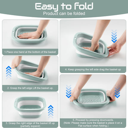 1.5 Gal (5.5L) Collapsible Dish Basin with Drain Basket Colanders, Multiuse Double-Layer Foldable Strainers Sink Tub, Wash Pan, Plastic Tubs, Dishpan, Kitchen Sink, Green -