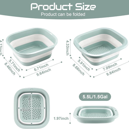 1.5 Gal (5.5L) Collapsible Dish Basin with Drain Basket Colanders, Multiuse Double-Layer Foldable Strainers Sink Tub, Wash Pan, Plastic Tubs, Dishpan, Kitchen Sink, Green -
