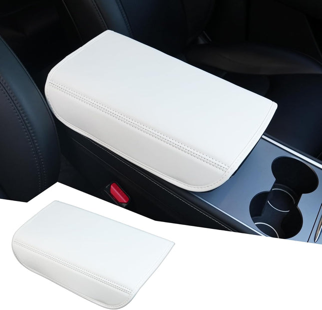 Center Console Leather Armrest Cover Compatible with Tesla Model 3 Highland Refresh 2024-2026 & Y in White