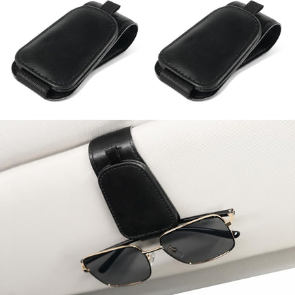 2 Pack Sunglass Holder for Car Visor Sunglasses Clip, Universal Non-Slip Magnetic Leather Glasses Eyeglasses Hanger Mounter, Truck Interior Accessories Woman Man, Black 2PCS