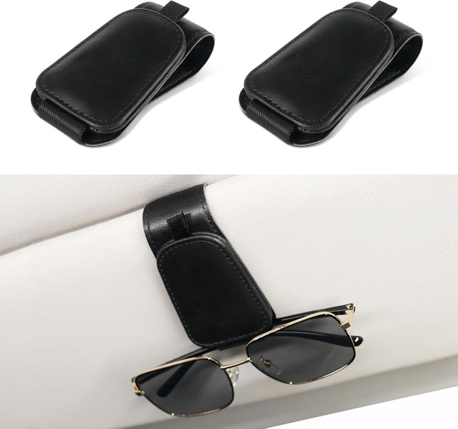 2 Pack Sunglass Holder for Car Visor Sunglasses Clip Universal Non-Slip Magnetic Leather in Black