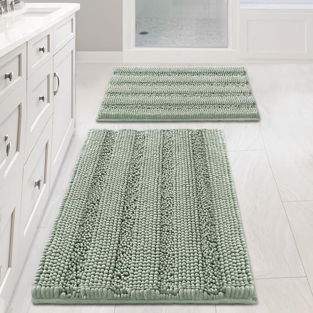 Sage Bathroom Rugs Bath Mat Set of 2 Extra Thick Chenille Striped Pattern Shaggy Rugs V1259-DP01-A-4428