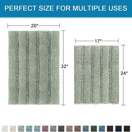 Sage Bathroom Rugs, Bath Mat Set of 2 Extra Thick Chenille Striped Pattern Shaggy Rugs for Room, Non Skid Mats Floor (32 x 20 Plus 24 17 - Inches) 20" 32" 17" 24"