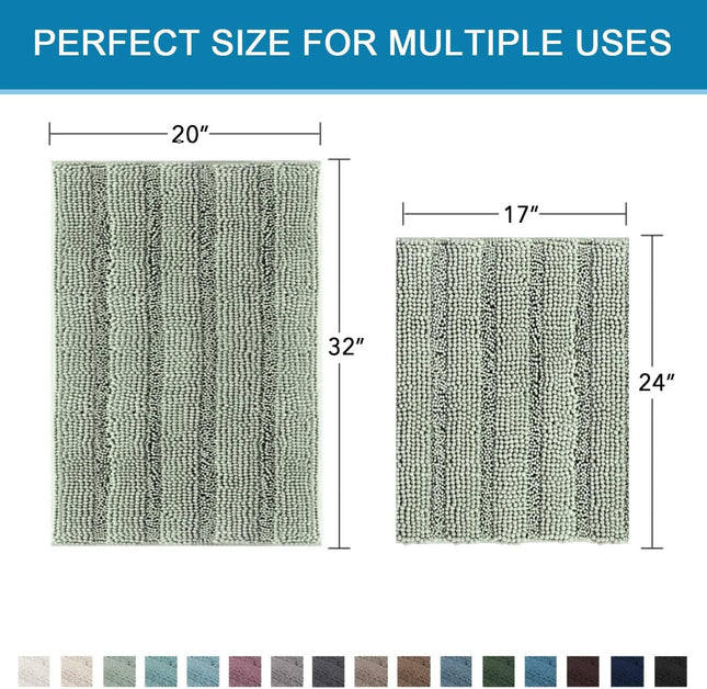 Sage Bathroom Rugs Bath Mat Set of 2 Extra Thick Chenille Striped Pattern Shaggy Rugs – product detail