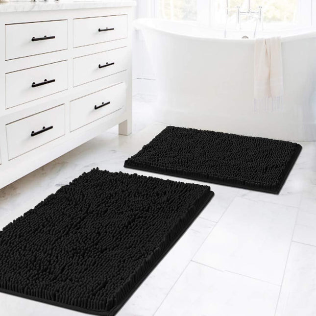 Black Bathroom Rug Set 2 Piece Bath Mats for Floor Super Thick Soft Shaggy Chenille V1259-DP01-A-4433