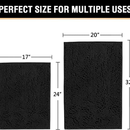 Black Bathroom Rug Set 2 Piece, Bath Mats for Floor, Super Thick Soft Shaggy Chenille Machine Washable, Dry Fast Water Absorbent Mats(20" x 32"/17" 24") 20" 32" Plus 17" 24"