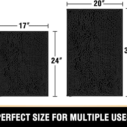 Black Bathroom Rug Set 2 Piece, Bath Mats for Floor, Super Thick Soft Shaggy Chenille Machine Washable, Dry Fast Water Absorbent Mats(20" x 32"/17" 24") 20" 32" Plus 17" 24"
