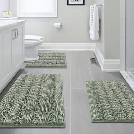 3 Piece Bathroom Rugs Sets Thick Striped Bath Set for Non Slip Soft Absorbent Mat Tub, Shower and Toilet(17''x24''+20''x32''+20''x24'' U-Shaped, Sage) Sage 17" x 24" + 20" 32" U Shape