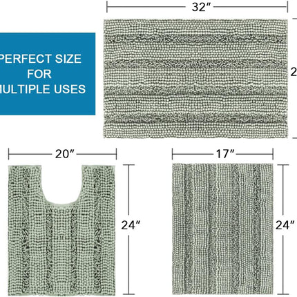 3 Piece Bathroom Rugs Sets Thick Striped Bath Set for Non Slip Soft Absorbent Mat Tub, Shower and Toilet(17''x24''+20''x32''+20''x24'' U-Shaped, Sage) Sage 17" x 24" + 20" 32" U Shape