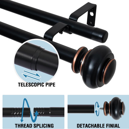 Double Curtain Rods for Windows 16.2 to 90.6 Inches 3/4 inch Diameter Adjustable Decorative Telescoping Rod with Brackets Heavy Duty Splicing Rods, Black 16.2"-90.6"