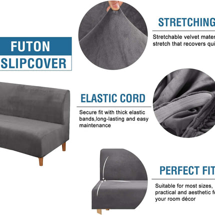 Real Velvet Futon Cover Armless Sofa Covers Bed Stretch Couch Slipcover Furniture Protector Thick Soft Fabric Form Fitted Stay in Place, Grey -