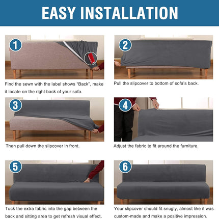 Real Velvet Futon Cover Armless Sofa Covers Bed Stretch Couch Slipcover Furniture Protector Thick Soft Fabric Form Fitted Stay in Place, Grey -