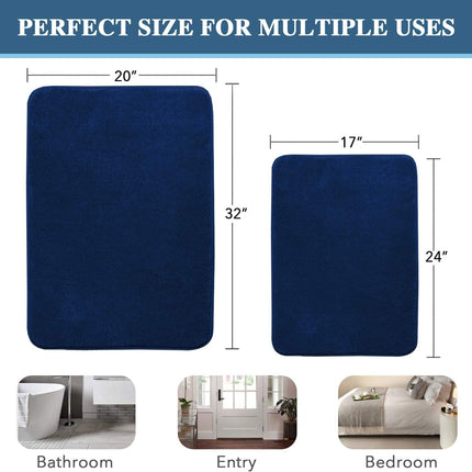 Bath Mat Memory Foam Set Bathroom Rug Flannel Velvety Luxury Extra Soft and Absorbent Non Slip Rugs for Bathroom/Bedroom Washable(2 Pack- 20"x 32"/ 17"x 24", Navy) Navy 20" x 32" Plus 17" 24"