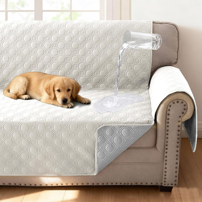100 Percent Waterproof Couch Cover for 3 Cushion Sofa Washable Pet Friendly with Elastic Straps in Beige