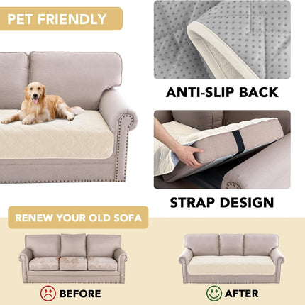 Couch Cover Chenille Pet Fuzzy Sofa Covers for 3 Cushion Anti Slip Washable Slipcovers with Strap Soft Protector Dogs Cats Kids(36" x 82", Ivory) Ivory 36" 82"