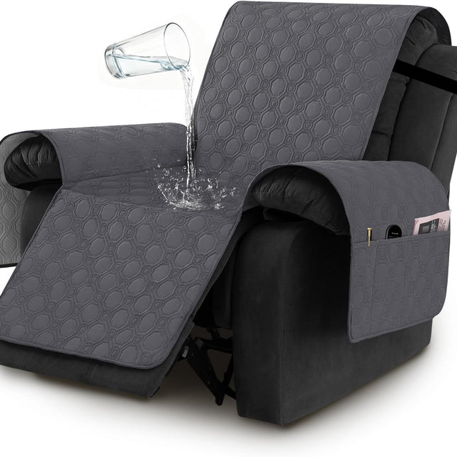100% Waterproof Recliner Chair Covers, Covers Non-Slip Stay in Place, Thick Cover for with Pocket, Dog Couch Protector Washable(Grey, 23") Gray 23"