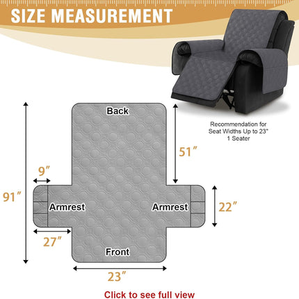100% Waterproof Recliner Chair Covers, Covers Non-Slip Stay in Place, Thick Cover for with Pocket, Dog Couch Protector Washable(Grey, 23") Gray 23"