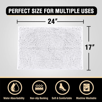 White Bathroom Rugs Bath Mat for Luxury Rug Extra Soft and Absorbent Microfiber Shaggy Non Slip Washable, 17 x 24 Inches 17" 24" Rectangular