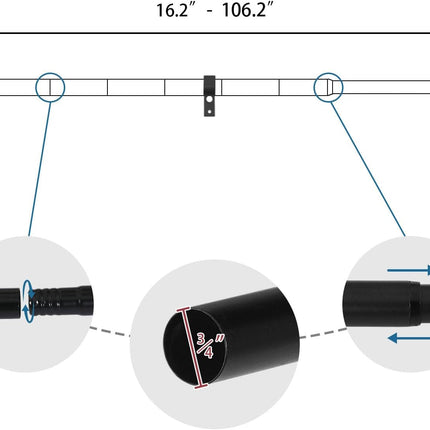 Wrap Around Curtain Rods for Windows 16.2 to 106.2 Inch, 3/4 Inch Diameter Industrial Telescoping Rod, Splicing Adjustable Indoor/Outdoor, Black 16.2"-106.2"