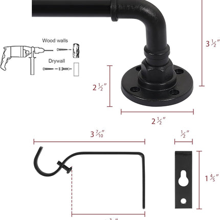 Wrap Around Curtain Rods for Windows 16.2 to 106.2 Inch, 3/4 Inch Diameter Industrial Telescoping Rod, Splicing Adjustable Indoor/Outdoor, Black 16.2"-106.2"
