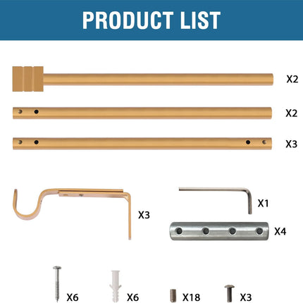 Curtain Rods for Windows 48 to 86 Inches Heavy Duty Single Splicing with Brackets 3/4 inch Diameter Adjustable Telescoping Rod Set Square Finials, Brass 48"-86"