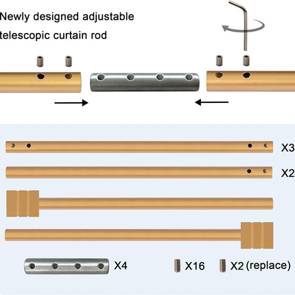 Curtain Rods for Windows 48 to 86 Inches Heavy Duty Single Splicing with Brackets 3/4 inch Diameter Adjustable Telescoping Rod Set Square Finials, Brass 48"-86"