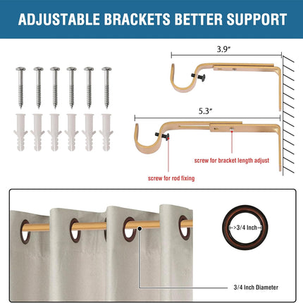 Curtain Rods for Windows 48 to 86 Inches Heavy Duty Single Splicing with Brackets 3/4 inch Diameter Adjustable Telescoping Rod Set Square Finials, Brass 48"-86"